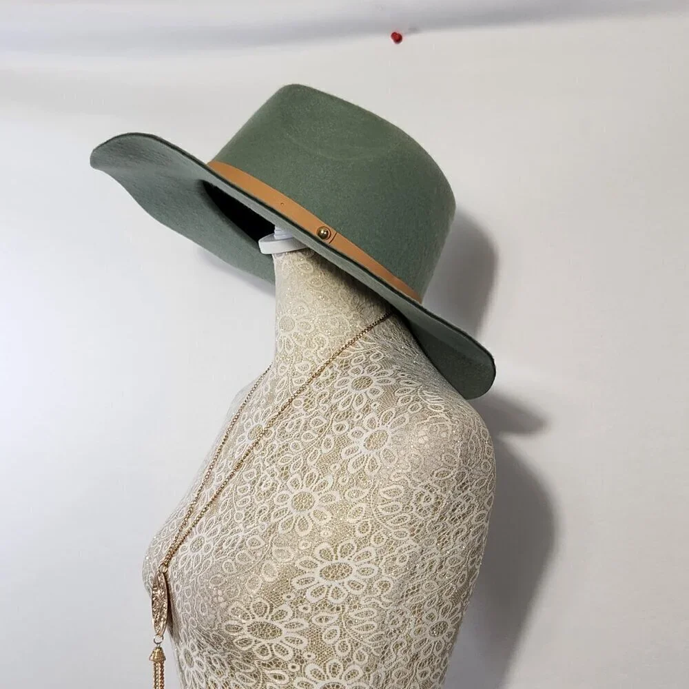 Fedora Hat Sage Green Soft Felt Pinched Crown Wide Brim Unisex Travel Walking